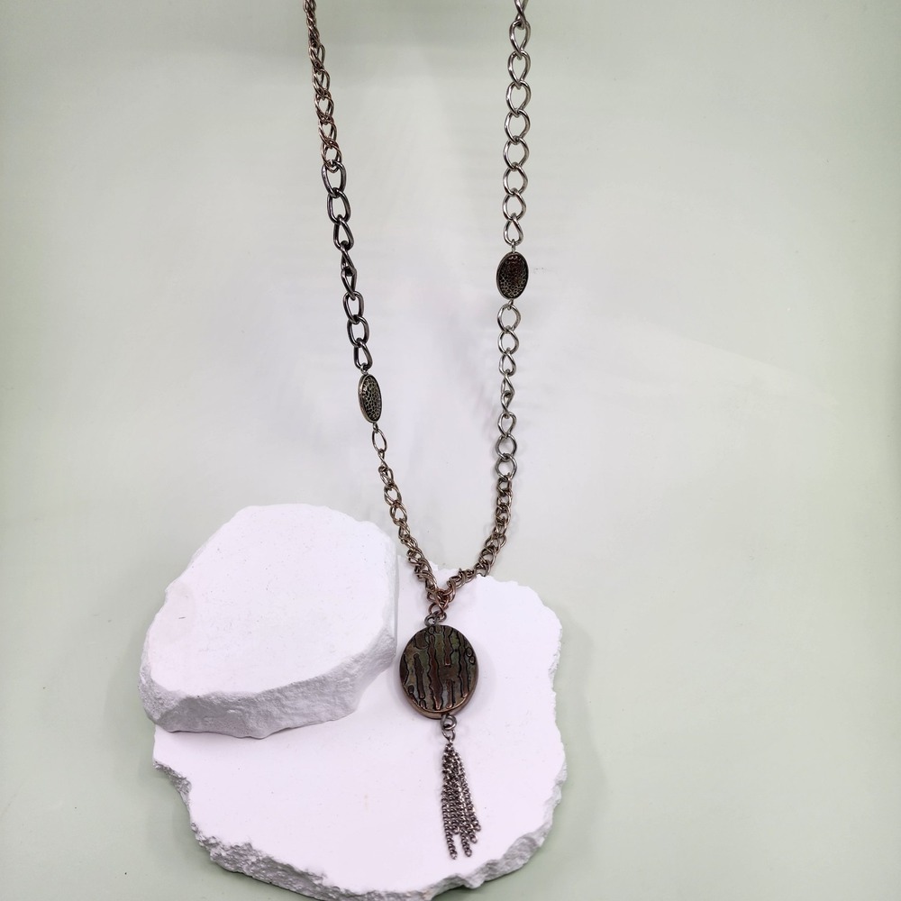 Chico's Long Mixed Metal Textured Oval Pendant Tassel Necklace Boho Statement